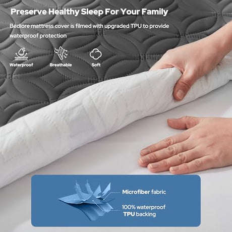 BEDLORE Waterproof Mattress Protector, Full Size Mattress Pad with Deep Pocket 6"-15" Depth, Soft Dirt-Proof Double Bed Mattress Cover for Bedroom, College Dorm, Hotel (Gray) BEDLORE