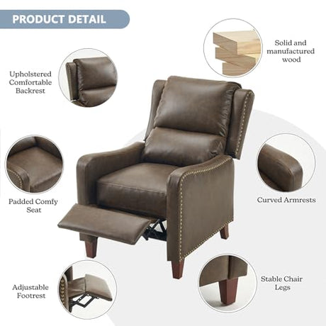 PATIOPTION Leather Pushback Recliner Chair, PU Leather Push Back Armchair, Upholstered Recliner Chair 105-135 Degree Adjustable, Retro Accent Chair for Living Room Bedroom - Gray PATIOPTION