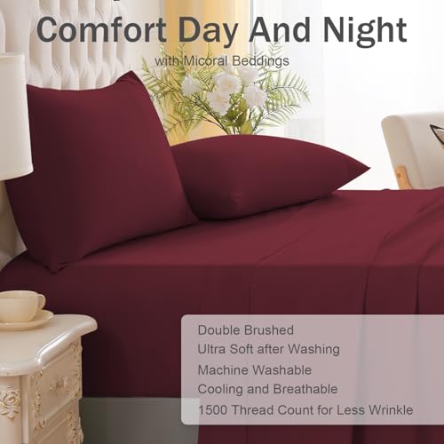 MICORAL Queen Bed Sheets Set, Soft Breathable Bedding Sheet Set, Sheets Set with 16" Deep Pocket Design (4 Pieces, Queen, Wine Red) MICORAL
