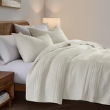 palassio Striped Beige 100% Cotton Quilt Queen Size Bedding Sets, Lightweight Crinkly Channel Pick Stitch Textured Bedspread Soft Shabby Chic Farmhouse Country Coverlet for All Season, 2 Shams palassio