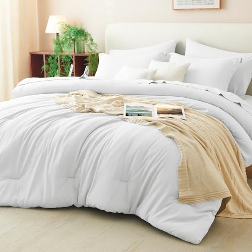 CozyLux King Comforter Set White, 7 Pieces Bed in a Bag Soft Bedding Comforter Set with Sheets, All Season Boho 7PC Bed Sets with Comforter, Fitted Sheets, Flat Sheets, Pillow Shams and Pillowcases CozyLux