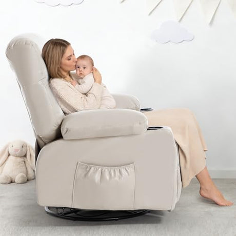 Comermax Rocking Recliner with Heat and Massage, Wide Seat Heated Massaging Reclining Chair for Home Theater, Faux Leather Manual Swivel Rocker Recliner Chair with Cup Holder for Adult, Beige Comermax