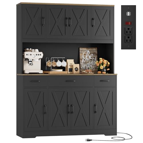 HOSTACK 71" Tall Pantry Cabinet with Charging Station, 55" Wide Kitchen Pantry Storage Cabinet with Countertop, Large Kitchen Hutch with Storage Drawers and Doors for Dining Room, Living Room, Black HOSTACK