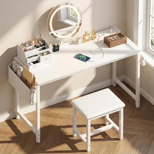 KAI-ROAD White Vanity Table with Lighted Mirror - 47“ White Vanity Desk with Mirror and Lights & Chair, Makeup Vanitys Set with Power Outlet, Dressing Table Vanities for Girls Bedroom KAI-ROAD