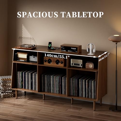 Record Player Stand with Vinyl Storage, Mid Century Modern Vinyl Storage Cabinet with Power Outlet and Sliding Doors, Turntable Stand Table Holds Up to 350 Albums for Living Room (walnut, 55.1"W) tauxkoi