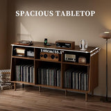 Record Player Stand with Vinyl Storage, Mid Century Modern Vinyl Storage Cabinet with Power Outlet and Sliding Doors, Turntable Stand Table Holds Up to 350 Albums for Living Room (walnut, 55.1"W) tauxkoi