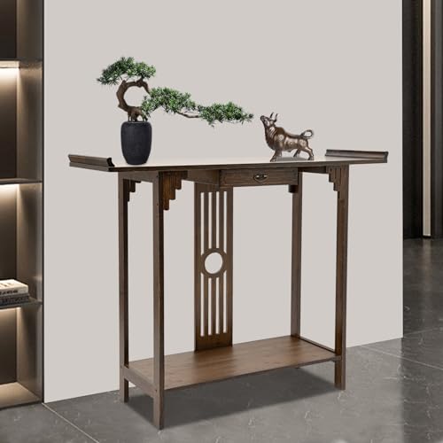 REHOUPTU Sofa Tables, Japanese Style Console Sofa Table, Walnut Bamboo Console Table Entryway Narrow Long Console Table Vintage Table Hallway Table with Shelves, Side Table, Display Table REHOUPTU