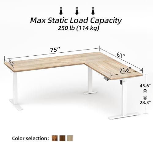 TIQLAB 75 x 61 inch L Shaped Standing Desk Adjustable Height, Electric Corner Standing Desk, Sit Stand Computer Table with Splice Board, Maple TIQLAB