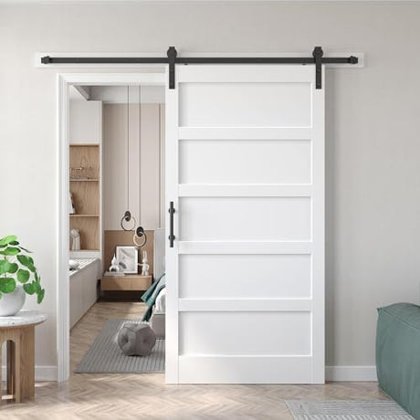 Fredbeck 42x84 inch White Barn Door with 7FT Sliding Door Hardware Kit Included & Handle,MDF,Solid PVC Surface,DIY Assembly,5-Panel FREDBECK