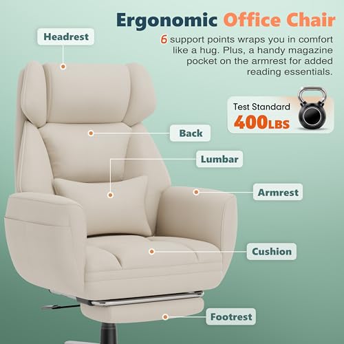 GABRYLLY Office Criss Cross Chair with Footrest, Big and Tall Executive Chair with Wide Seat,Reversible Armrest,Wheels, Lumbar Pillow and 120°Tilt,Computer Desk Chair for Gaming,Meditation,Ivory GABRYLLY