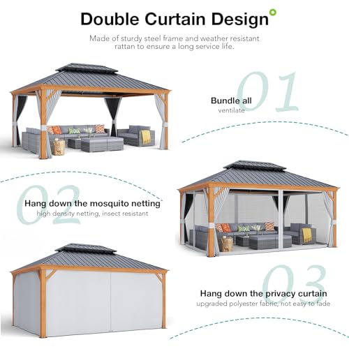 Patiorama 12’ x 16’ Hardtop Gazebo, Outdoor Wood Grain Frame Aluminum Gazebo with Galvanized Steel Double Vented Roof Canopy, W/Shaded Curtains and Netting, Pergola for Patio, Yard, Garden (G - WoodArtSupply