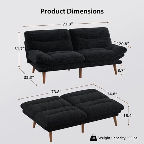 Pipishell Futon Sofa Bed, Modern 66" Futon Couch Convertible to Bed & Lounger, Compact Size, Corduroy Loveseat, Durable Construction - Fits Small Spaces, Apartments,Study Room(Ink Black, 66 Inch) Pipishell