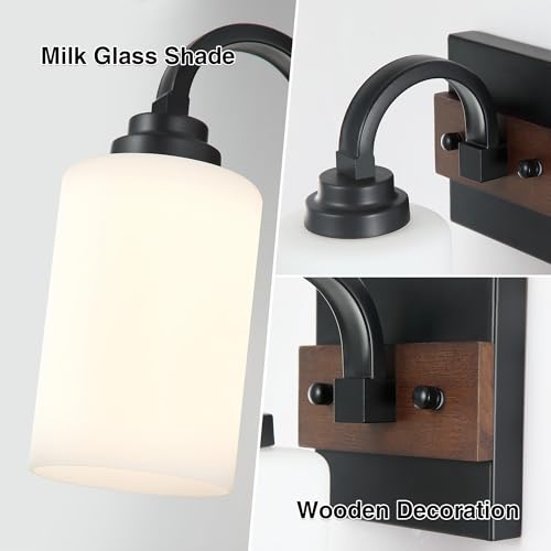 Mecgirn 1-Light Milk Glass Wall Sconces, Farmhouse Vanity Light Fixtures for Bathroom, Black and Wood Wall Lighting, Wall Sconce for Hallway, Entryway, Bedroom, Living Room Mecgirn