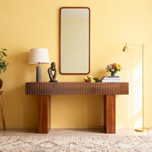 ZYBT 56" Fluted Console Table, Boho Vanity Desk Wooden Narrow Sofa Table Behind The Couch, Farmhouse Entryway Table for Entrance, Hallway,Living Room,Bedroom, Home Office,Brown ZYBT