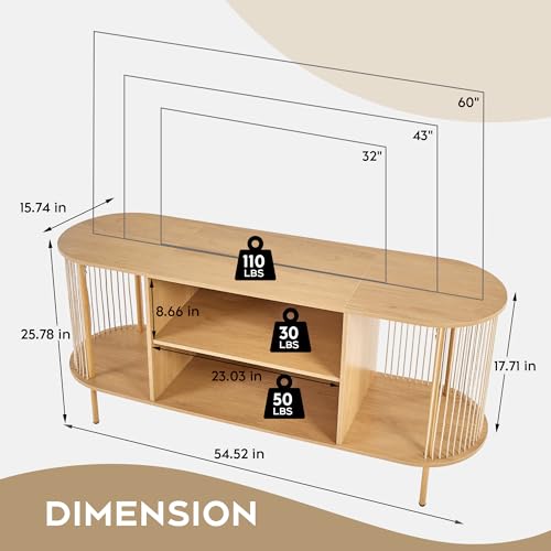 Brafab Oval Boho TV Console with Hand-Woven Ropes, Mid-Century Modern TV Stand for up to 60" with Storage Adjustable Shelf and Sturdy Steel Legs, Natural Wooden Entertainment Center for Living Room Brafab