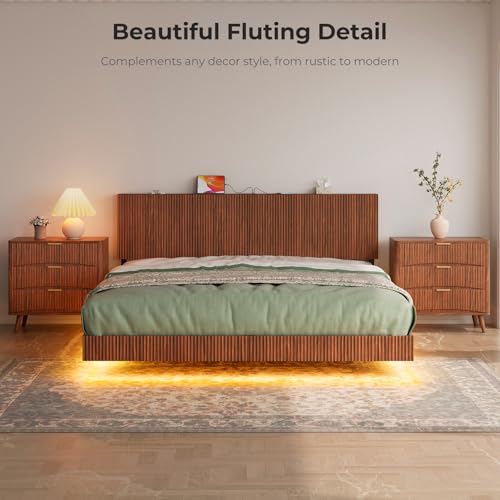 Evermagin Walnut King Floating Bed Frame with Headboard, Mid Century Modern Fluted Platform Bed with LED Lights, Heavy Duty Floating Bedframe with Charging Station, No Box Spring Needed Evermagin