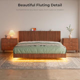 Evermagin Walnut King Floating Bed Frame with Headboard, Mid Century Modern Fluted Platform Bed with LED Lights, Heavy Duty Floating Bedframe with Charging Station, No Box Spring Needed Evermagin