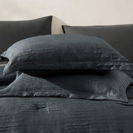 MaiRêve Queen Comforter Set Blue Grey, Textured Design Crinkle Bedding Sets 7 Pieces, All Season Bed in A Bag with Comforter, Sheets, Pillowcases & Shams MaiRêve