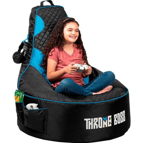 Throne Boss Gaming Bean Bag Chair for Kids [Cover ONLY No Filling] - High Back Beanbag for Boys, Girls, and Gamers with Cup Holder (Black/Blue) Throne Boss