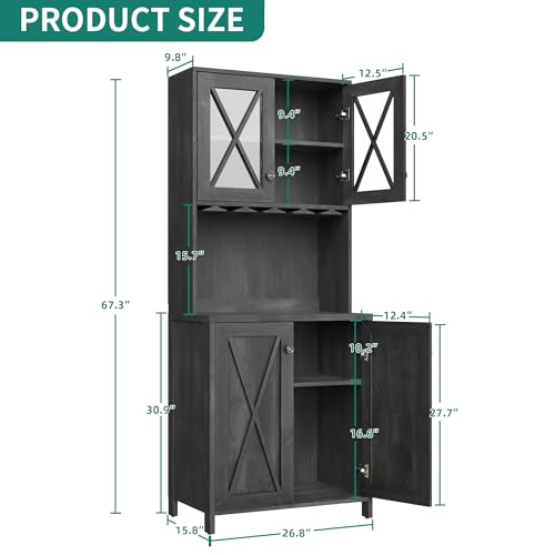 YITAHOME Farmhouse Bar Cabinet, 67" Tall Wine Bar Cabinet with for Wine Glass Rack, Home Bar Cabinet with Open Storage Shelves ＆ Glass Doors for Living Room, Hallway, Charcoal Grey YITAHOME