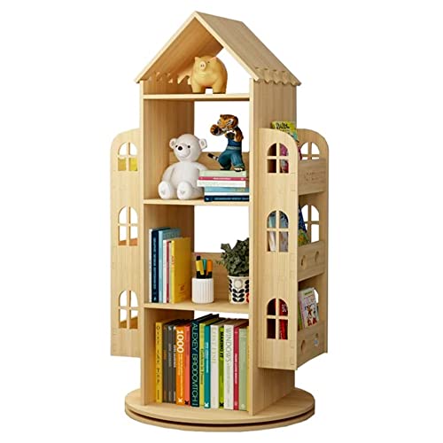 4-Tier Rotating House-Shaped Bookshelf, 360° Solid Wood Rotating Stackable Shelves Bookshelf Organizer for Home Bedroom Office_Intexca