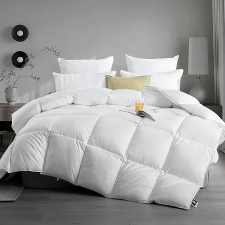 KUSNUG Hotel Luxury Down Fibers Comforter Twin Size - All Season Duvet Insert with Egyptian Cotton Blend Shell, High Fill-Power Hypoallergenic Fluffy Down Feather Fibers Filled, White 68x90 Inch KUSNUG