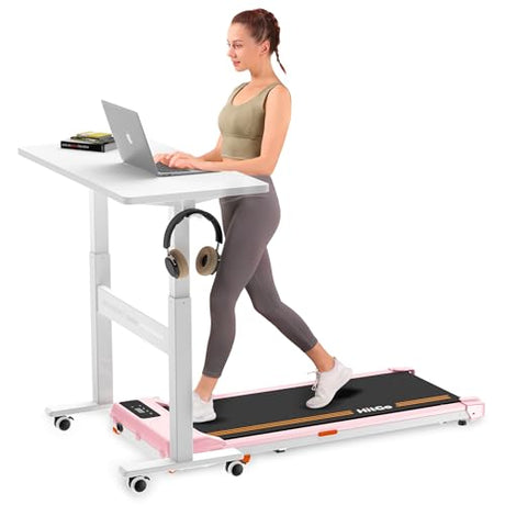 HitGo Mobile Standing Desk with Wheels, 32 inch Pneumatic Height Adjustable Desk for Walking Pad, Small Rolling Computer Workstation, Portable Sit Stand Desk for Home Office, 28-43" Tall, White HitGo