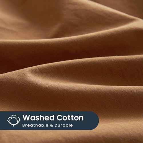Wake In Cloud - Cotton Duvet Cover Set, Queen Size, Caramel Terracotta, 100% Washed Cotton, Linen Like Textured, Breathable Percale Durable Comfy Farmhouse Neutral Bedding Set, 3 Pieces Wake In Cloud