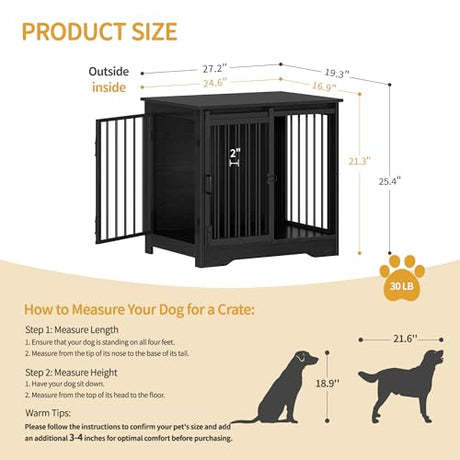 Hzuaneri 27.2" Dog Crate Furniture with Barn Door, Heavy Duty Dog Kennel Indoor with 2 Doors, Wooden Pet Cage End Table for Small Medium Dogs up to 22 lb, Anti-Chew Anti-Escape, Black DFC84304B Hzuaneri
