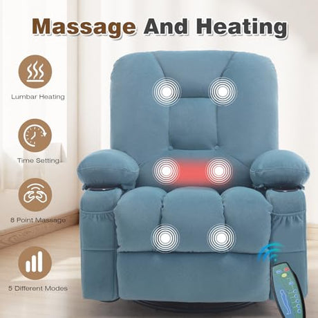 REFICCER Rocker Recliner Chair with Massage and Heat, Fabric Overstuffed Swivel Recliners Glider with Cup Holder Side Pocket, Rocking Reclining Sofa Chair for Adults Living Room, Blue REFICCER