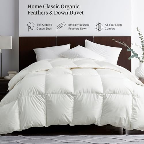Ltinhome Feathers & Down Comforter, Organic Duvet Insert, 100% Cotton Shell, Ethically-sourced Feathers and Down Filler, All Season Warm, King Size, White Ltinhome