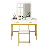VINGLI 40" Vanity Set with Lighted Mirror and Stool,White Makeup Vanity Table Set with 9 Lights for Women,Bedroom Makeup Dressing Table with 2 Drawers and Stool,White&Gold VINGLI