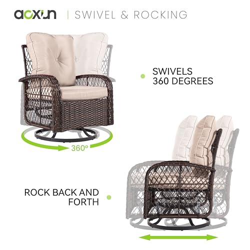 Aoxun 3 Pieces Outdoor Swivel Rocker Chair Set of 2 with Small Side Table Wicker Rattan Patio Furniture Set Outdoor Rocking Chair Set for Backyard, Balcony, Deck (Beige)