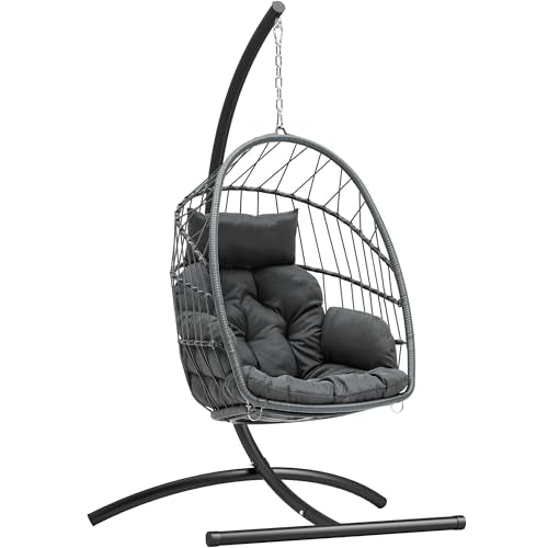 YITAHOME Hanging Egg Chair, Outdoor Patio Wicker Hammock Egg Chair Indoor with Cushion, Rattan Swing Chair 300lbs for Balcony, Garden Bedroom, Gray with Stand YITAHOME