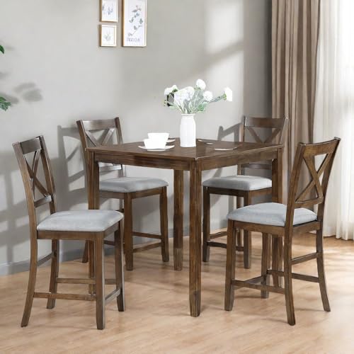 Trygoal Dining Table Set for 4, Modern 5 Piece Dining Room Table Set with Square Table & 4 X-Shaped Backrest Upholstered Chairs, Counter Height Kitchen Chairs Set for Small Space, Walnut Trygoal
