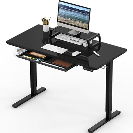 SHW 48x24 Glass Electric Height Adjustable Standing Desk – Motorized Sit Stand Desk with Monitor Riser, Pull-Out Drawer, Memory Presets, Black SHW
