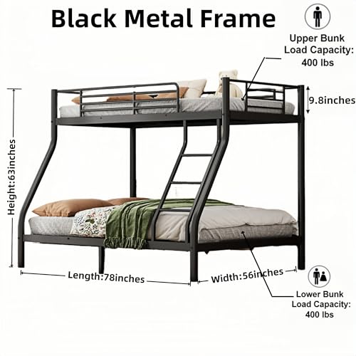 SogesGame Twin Over Full Bunk Bed for Teens & Kids, Metal Heavy Duty Bunk beds with 9.8-Inch Guardrail and Ladder, Bunk Beds Twin Over Full Size for Small Bedrooms & Shared Rooms, Space-Saving, Black SogesGame