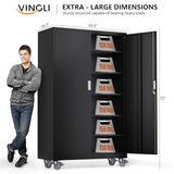 VINGLI Large Metal Storage Cabinet with 2 Doors and 5 Adjustable Shelves, Upgraded Height & Wide & Deep, 43''W x 20''D x 72''H, Oversized Garage Storage Cabinet with Wheels and Locks (Black) VINGLI
