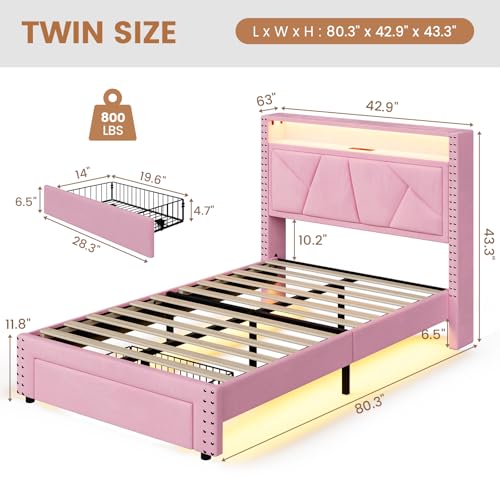VIAGDO Pink Twin Bed Frames with LED Lights, Upholstered Platform Bed Frame Twin Size with Storage Headboard and Charging Station, LED Twin Bed Frame, No Box Spring Needed VIAGDO