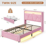 VIAGDO Pink Twin Bed Frames with LED Lights, Upholstered Platform Bed Frame Twin Size with Storage Headboard and Charging Station, LED Twin Bed Frame, No Box Spring Needed VIAGDO