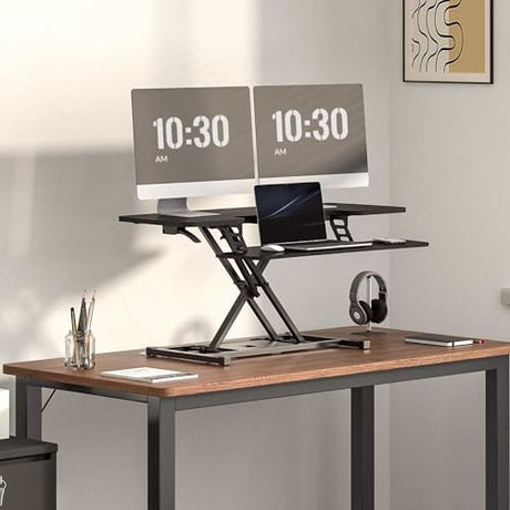 FLEXISPOT Standing Desk Converter 42-inch Spacious Sit to Stand up Dual Monitor and Laptop Riser, Big Size Tabletop Workstation with Large Keyboard Tray, Black FLEXISPOT