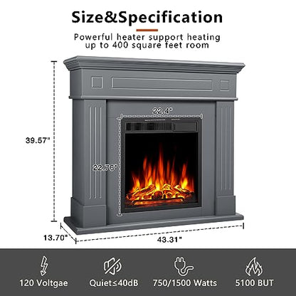 R.W.FLAME 43” Electric Fireplace Mantel Wooden Surround Firebox, TV Stand with Freestanding Electric Fireplace, Remote Control, Adjustable Led Flame, 750W/1500W Grey