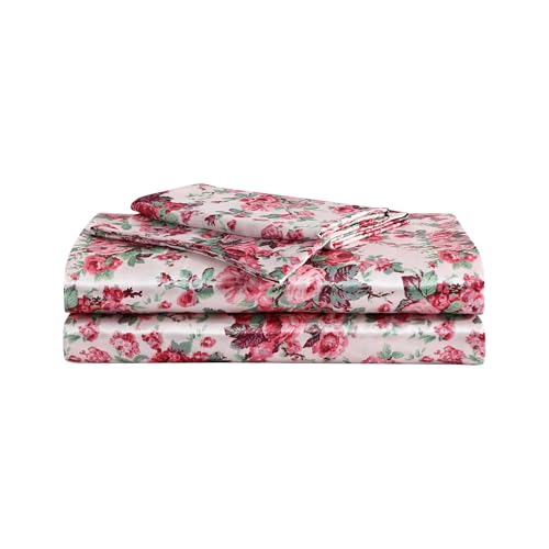 Betsey Johnson - Twin Bed Sheets, Satin Bedding Set with Matching Shams, Smooth & Silky, Dorm Essentials (Vintage Floral Pink) Betsey Johnson