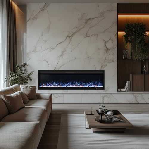 Oxhark Flame 60 Inch, Recessed & Wall Mounted WiFi-Enabled Electric Fireplace Inserts with Remote Control,Timer & Thermostat Fireplace Heater, Log Set & Crystal Options, 750W/1500W, Black Oxhark Flame