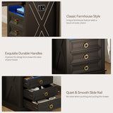 Lvifur Farmhouse Nightstand with Gun Drawer, Human Sensor LED Bedside Table with LED Lights & Charging Station, Rustic Wood Sofa Side End Table with 3 Drawers for Bedroom (Black) Lvifur