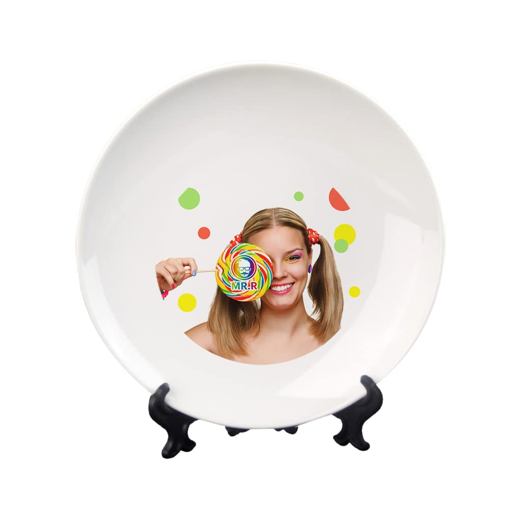 MR.R Set of 2 Sublimation Blanks White Ceramic Moon Plate with Stand,Porcelain Plates, 8 inch Round Dessert or Salad Plate, Lead-Free, Safe in Microwave, Oven, and Freezer