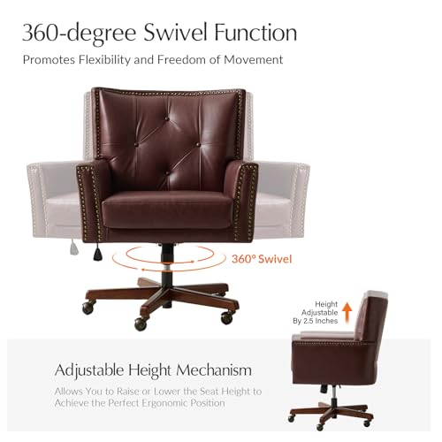 HULALA HOME Faux Leather Home Office Chair with Tilt Mechanism and Reclining Backrest, 360 ° Swivel Desk Chair with Metal Base, Button Tufted Computer Task Chair, Height Adjustable, Brown HULALA HOME