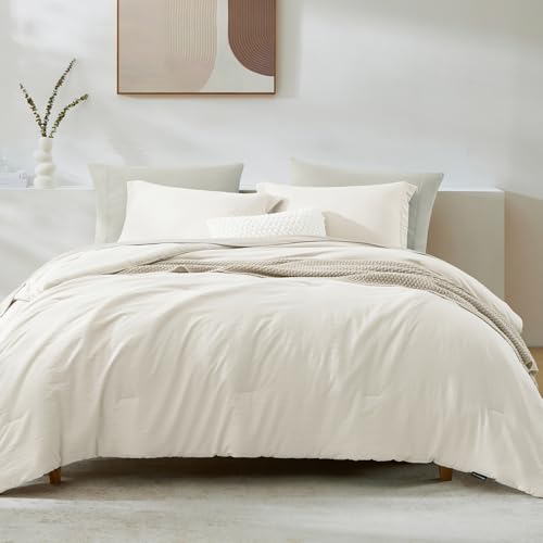 WRENSONGE Queen Comforter Set - 7 Pieces White Soft Bed in a Bag Queen with Fitted Sheet, Flat Sheet, 2 Pillow Shams, and 2 Pillowcases- Warm Bedding Sets for All Season WRENSONGE