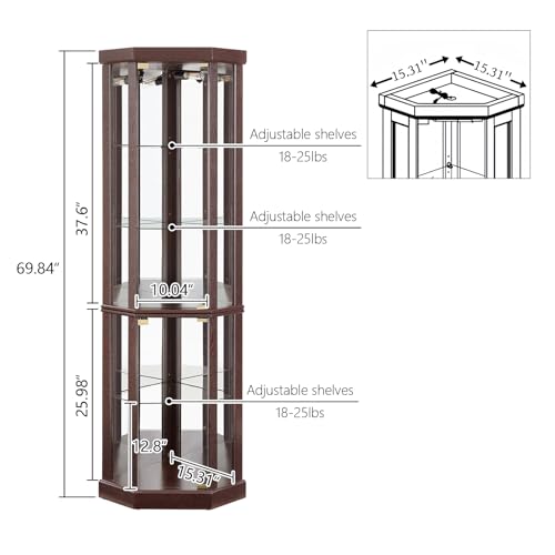 BAOMKONG Tall Corner Cabinet with Glass Doors, Lighted Glass Display Curio Cabinet with Adjustable Shelves, Home Office Floor Standing Display Cabinet for Bar, Liquor Storage and Medal, Dark Cherry BAOMKONG