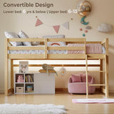 Vantic Low Bunk Bed with Guardrail and LED Light, Floor Toddler Bunk Bed Twin Over Twin with Wide Stairs, Convertible Soild Wooden Loft Bed for Kids with 6 Hooks, Space-Saving, Natural Wood Vantic